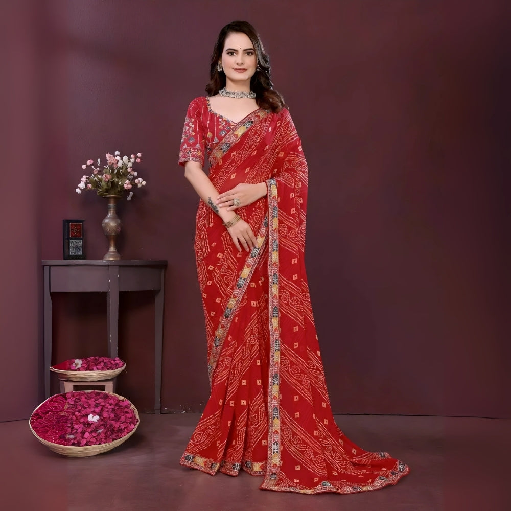 Red Digital Print with Embroidery Work Georgette Saree