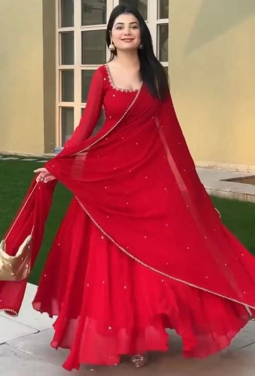 Red Embroidered With Beads Work Suit Full Front View – Georgette | Kalyanja KU308