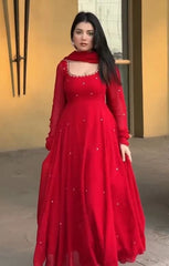 Red Embroidered With Beads Work Suit – Second Front Pose with Dupatta