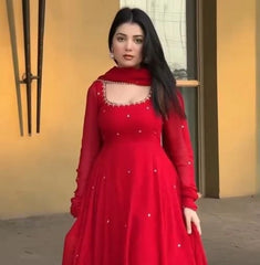 Red Embroidered With Beads Work Suit 3/4 Angle View | Kalyanja