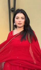 Red Embroidered Suit – Boat Neck and Bead Work Detail View