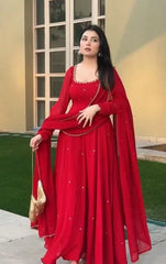 Red Embroidered With Beads Work Suit – Full Length Standing View