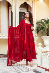 Red Anarkali Suit full length model holding dupatta spread lace border detail