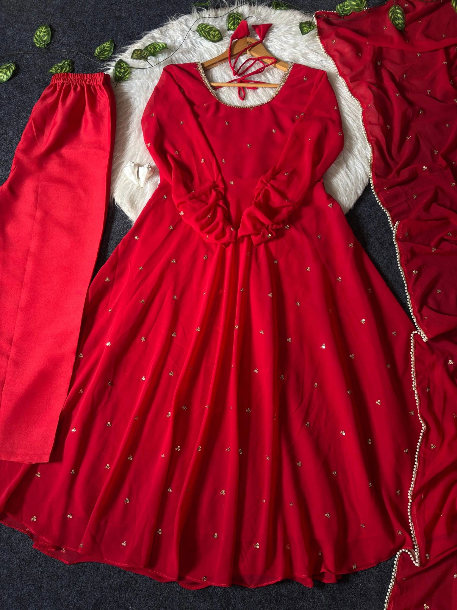 Red Embroidered Butti Anarkali Suit flat lay full 3-piece set with pant and dupatta