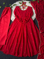 Red Embroidered Butti Anarkali Suit flat lay full 3-piece set with pant and dupatta