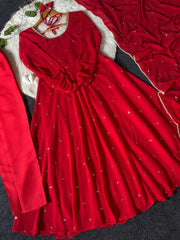Red Anarkali Suit flat lay showing scattered butti embroidery on Faux Georgette fabric