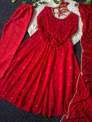 Red Embroidered Butti Anarkali Suit flat lay dark background with pant dupatta