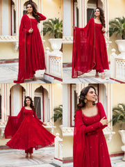 Red Embroidered Butti Anarkali Suit KU290 collage front dupatta flair and neckline views