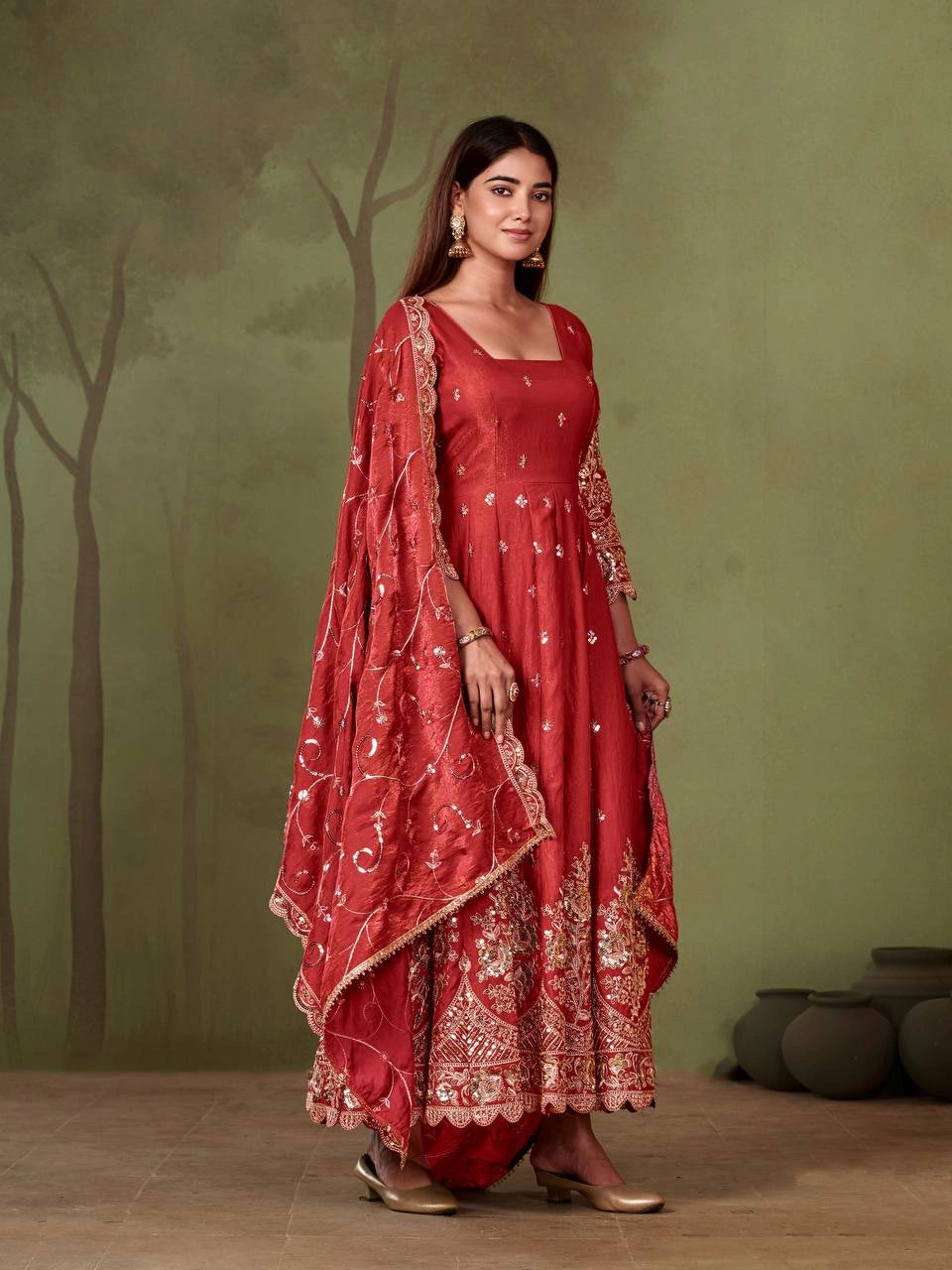 Red Embroidered Codding Suit Anarkali model front view full length KU267