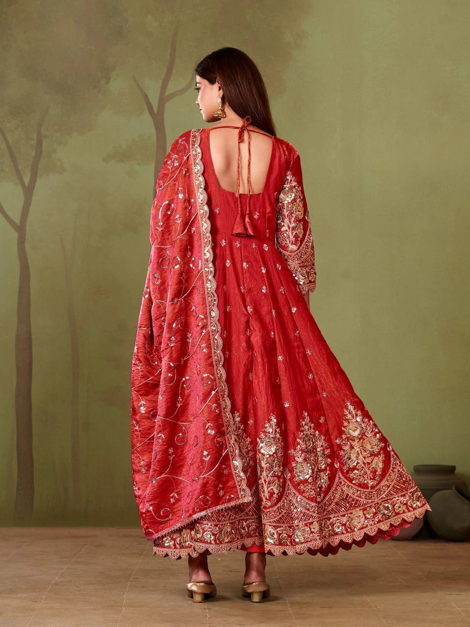 Red Anarkali Silk Blend Suit model three quarter view with dupatta KU267
