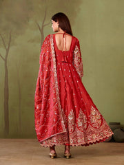 Red Anarkali Silk Blend Suit model three quarter view with dupatta KU267