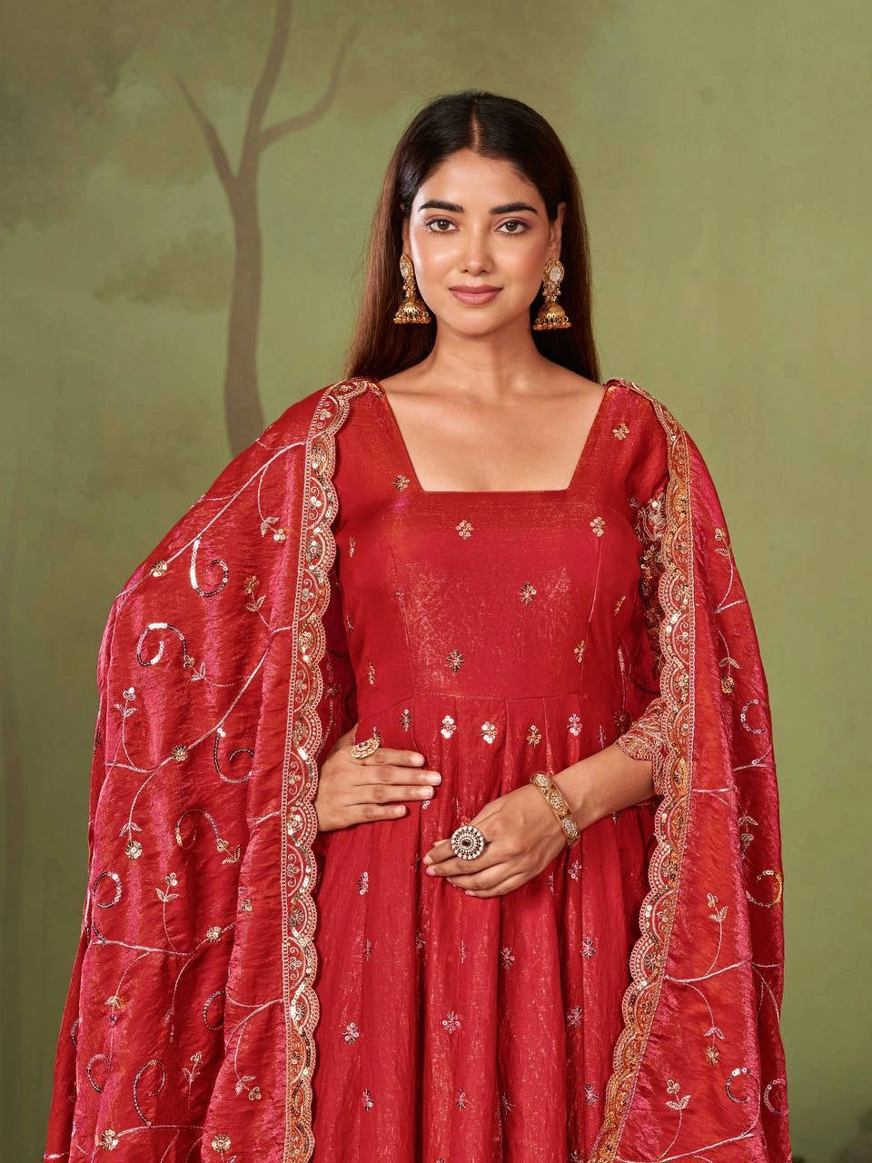 Red Embroidered Suit codding sequins hem sleeve detail KU267