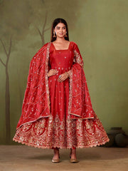 Red Anarkali Suit back view open dori tie-up neckline KU267