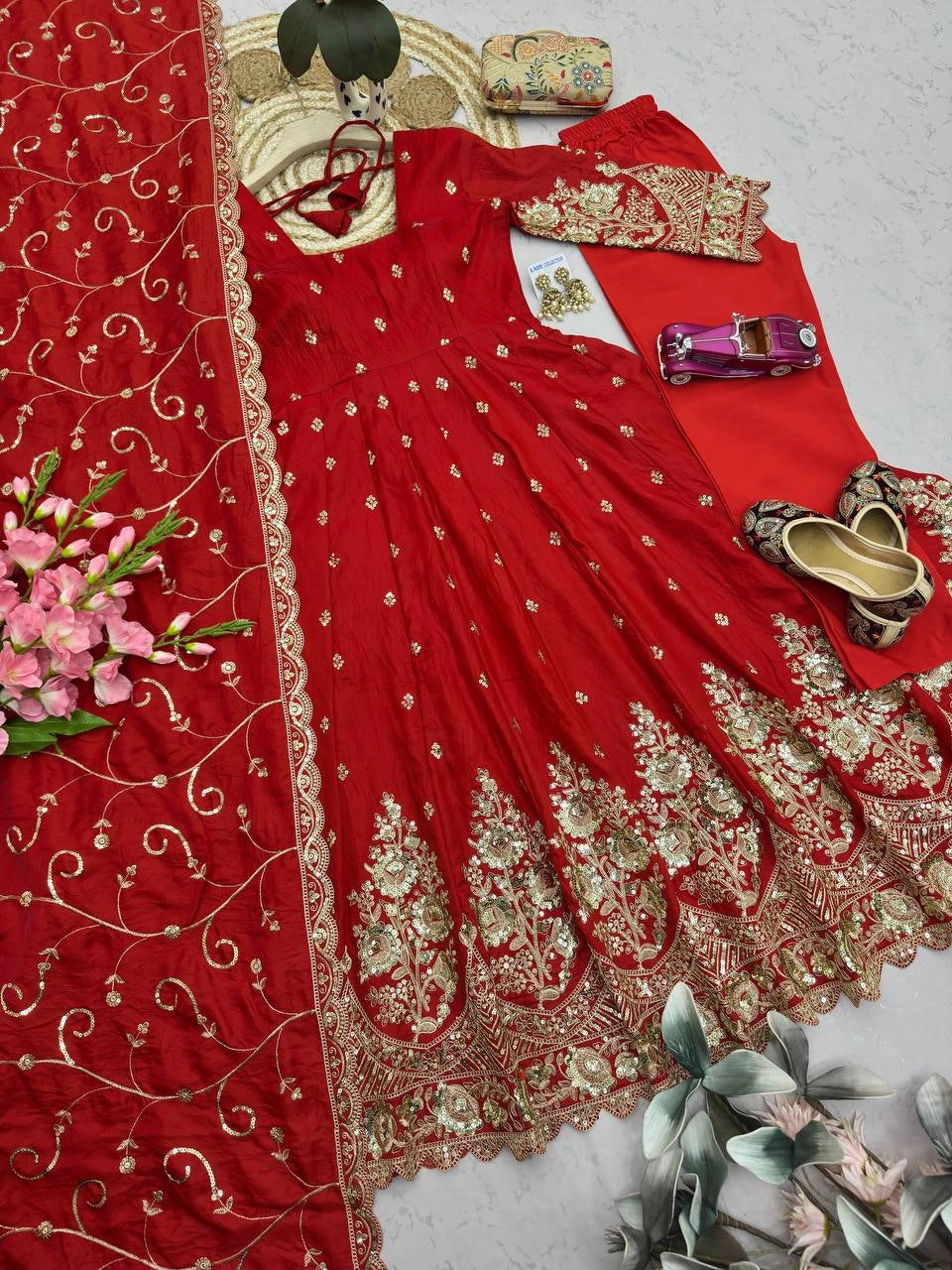 Red Embroidered Codding Suit flatlay complete set overhead KU267