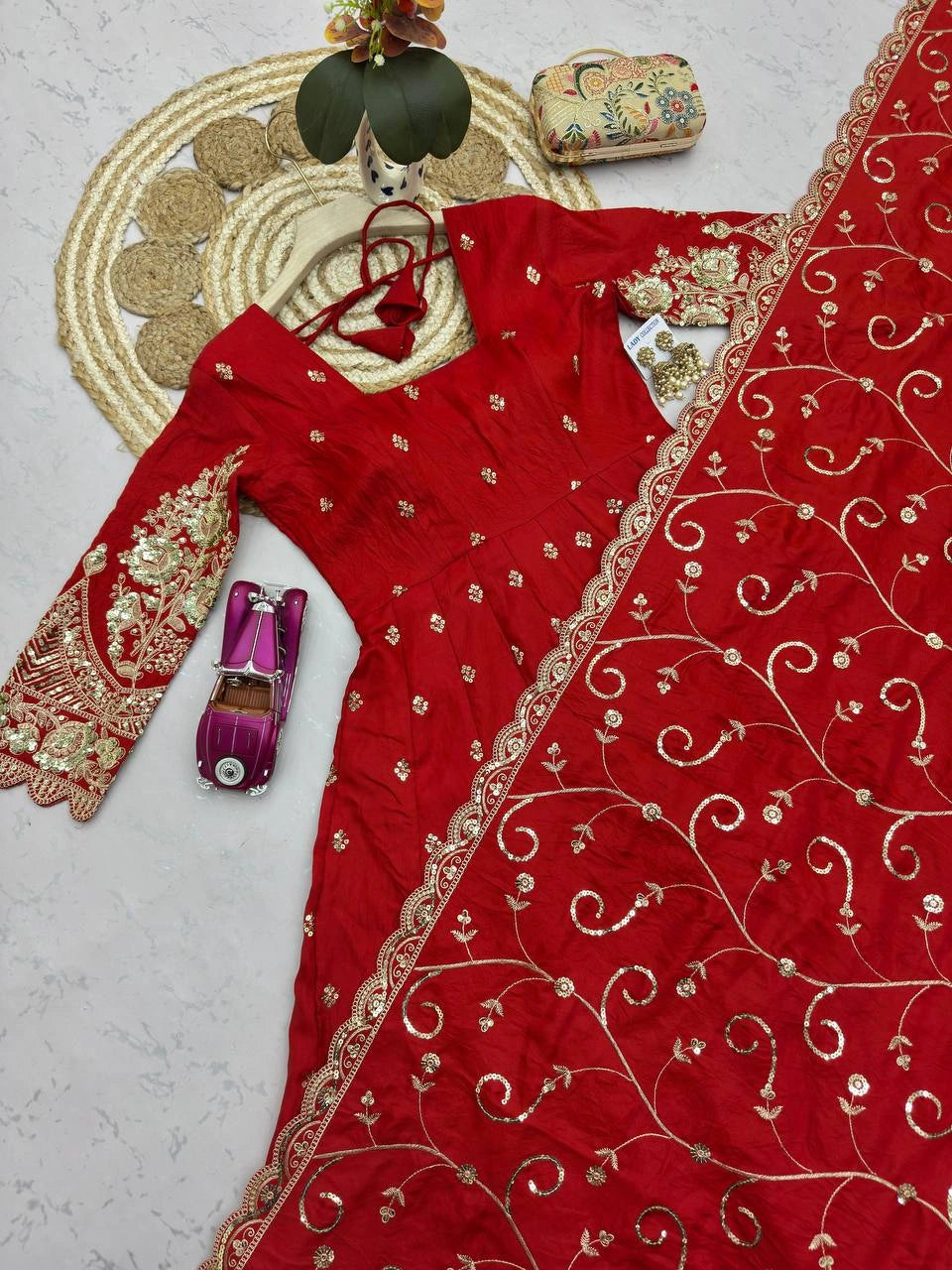 Red Anarkali Suit flatlay hem codding embroidery close up KU267