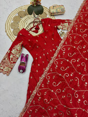 Red Anarkali Suit flatlay hem codding embroidery close up KU267