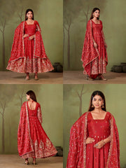 Red Embroidered Suit complete three piece set flatlay KU267