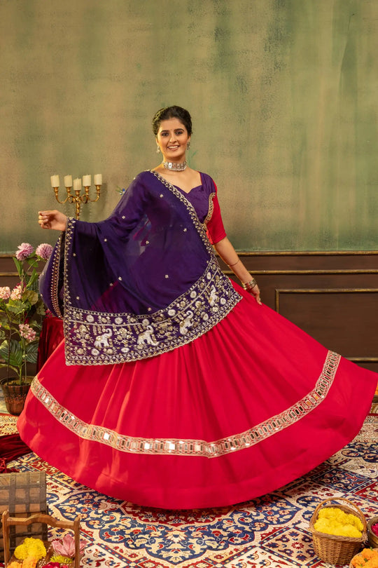 Red Embroidered Mirror Work Lehenga full 4m flair twirl with purple dupatta – Kalyanja KL170