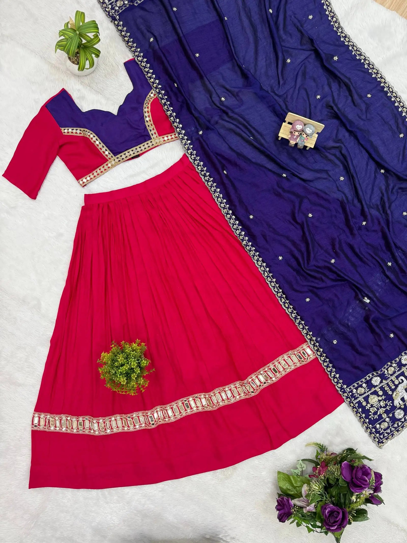 Red Embroidered Mirror Work Lehenga flat lay all 3 pieces – Kalyanja KL170