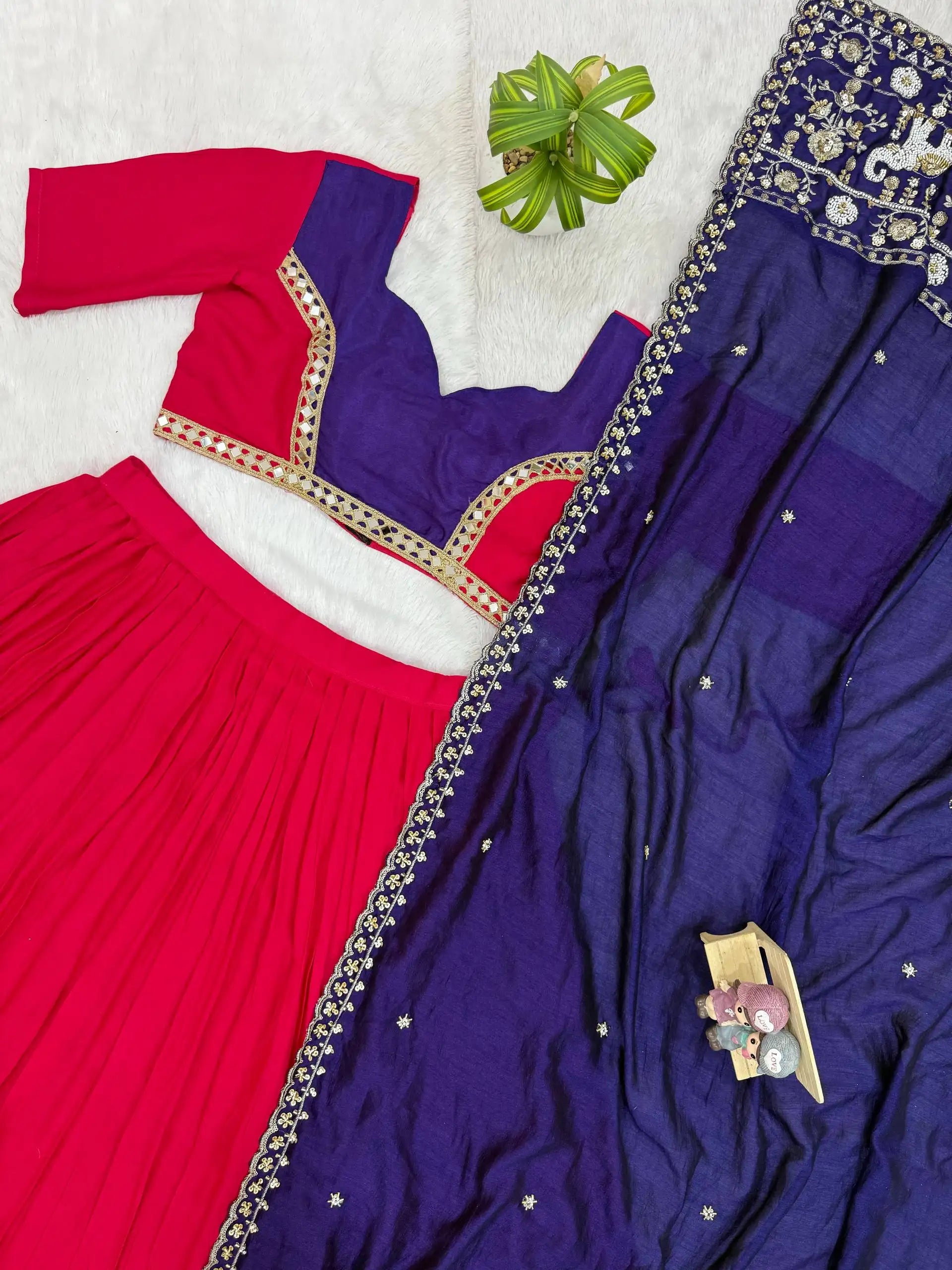 Red Lehenga flat lay choli mirror border and dupatta detail – Kalyanja KL170