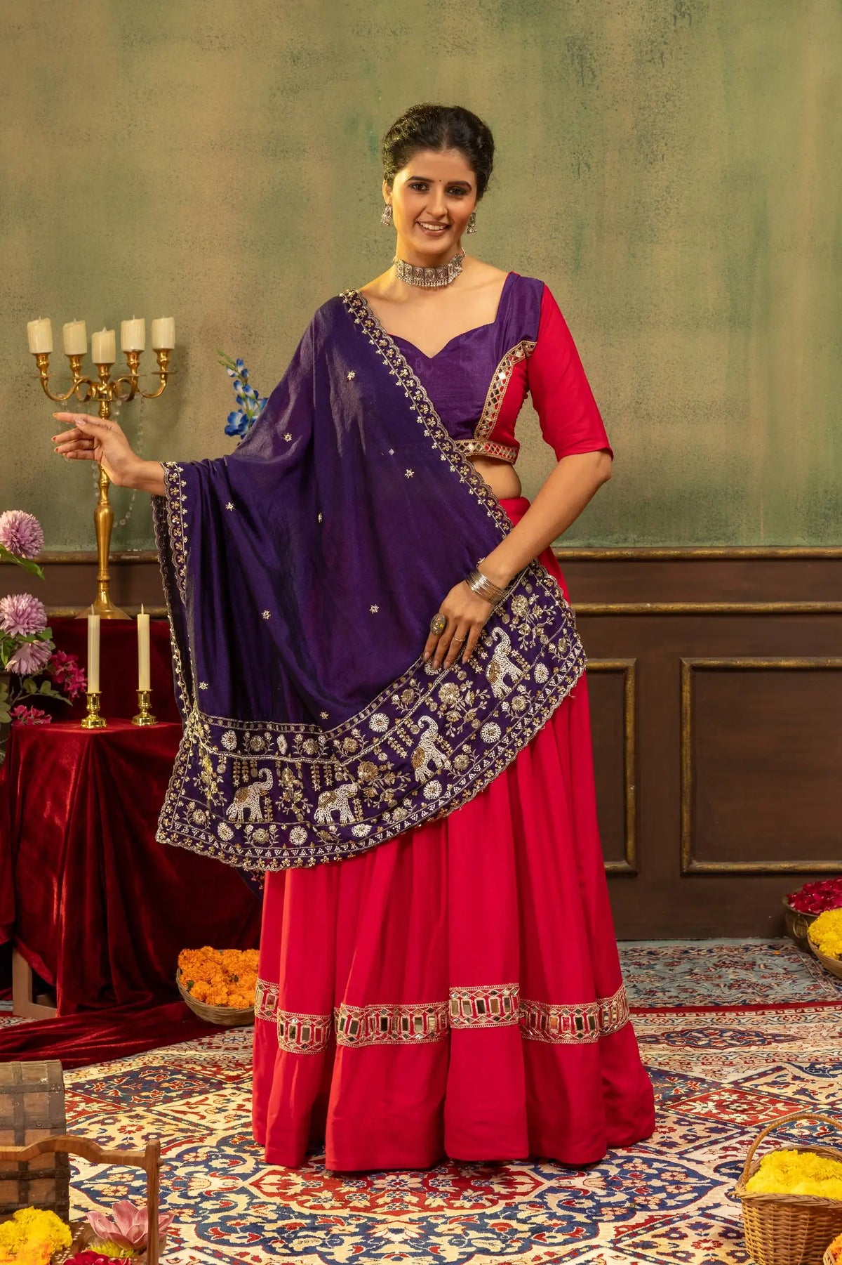 Red Mirror Work Lehenga front view sweetheart choli purple dupatta draped – Kalyanja KL170