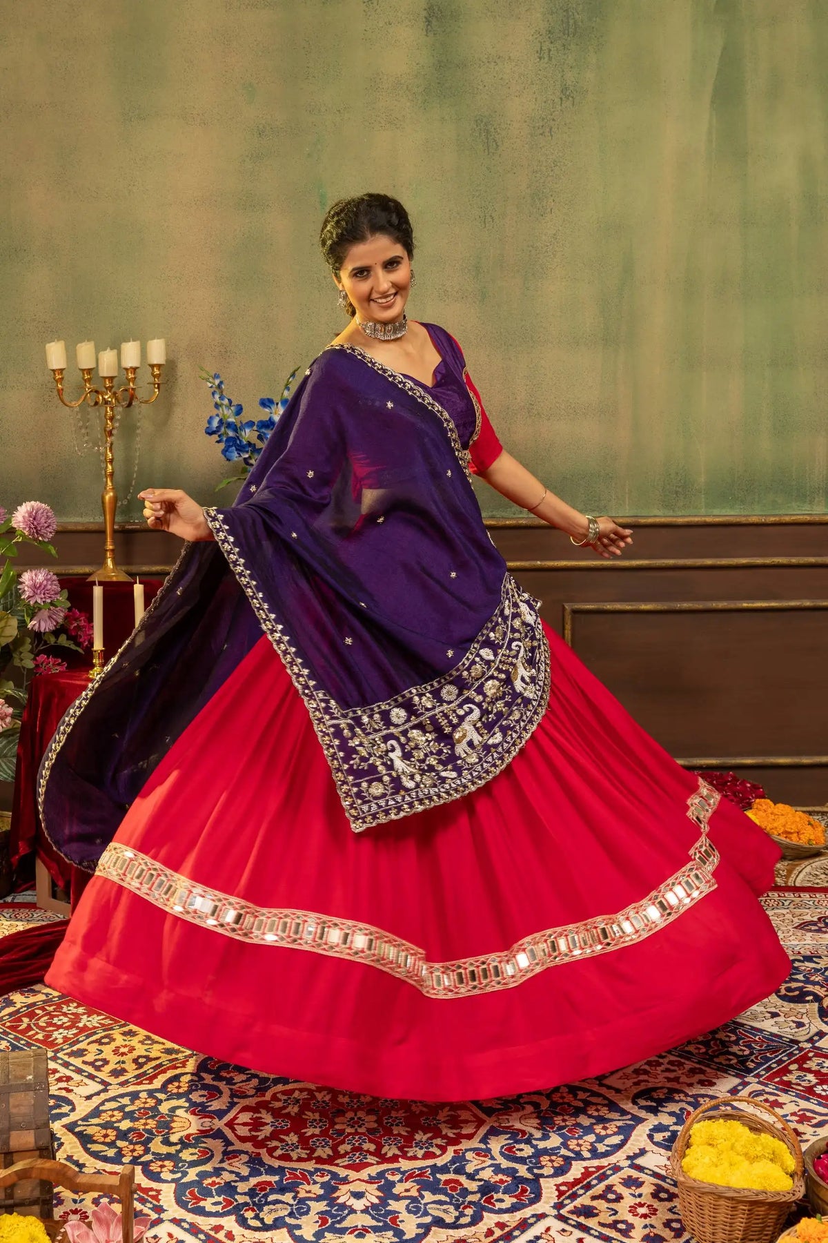 Red Pure Rayon Lehenga flair twirl second angle elephant dupatta – Kalyanja KL170
