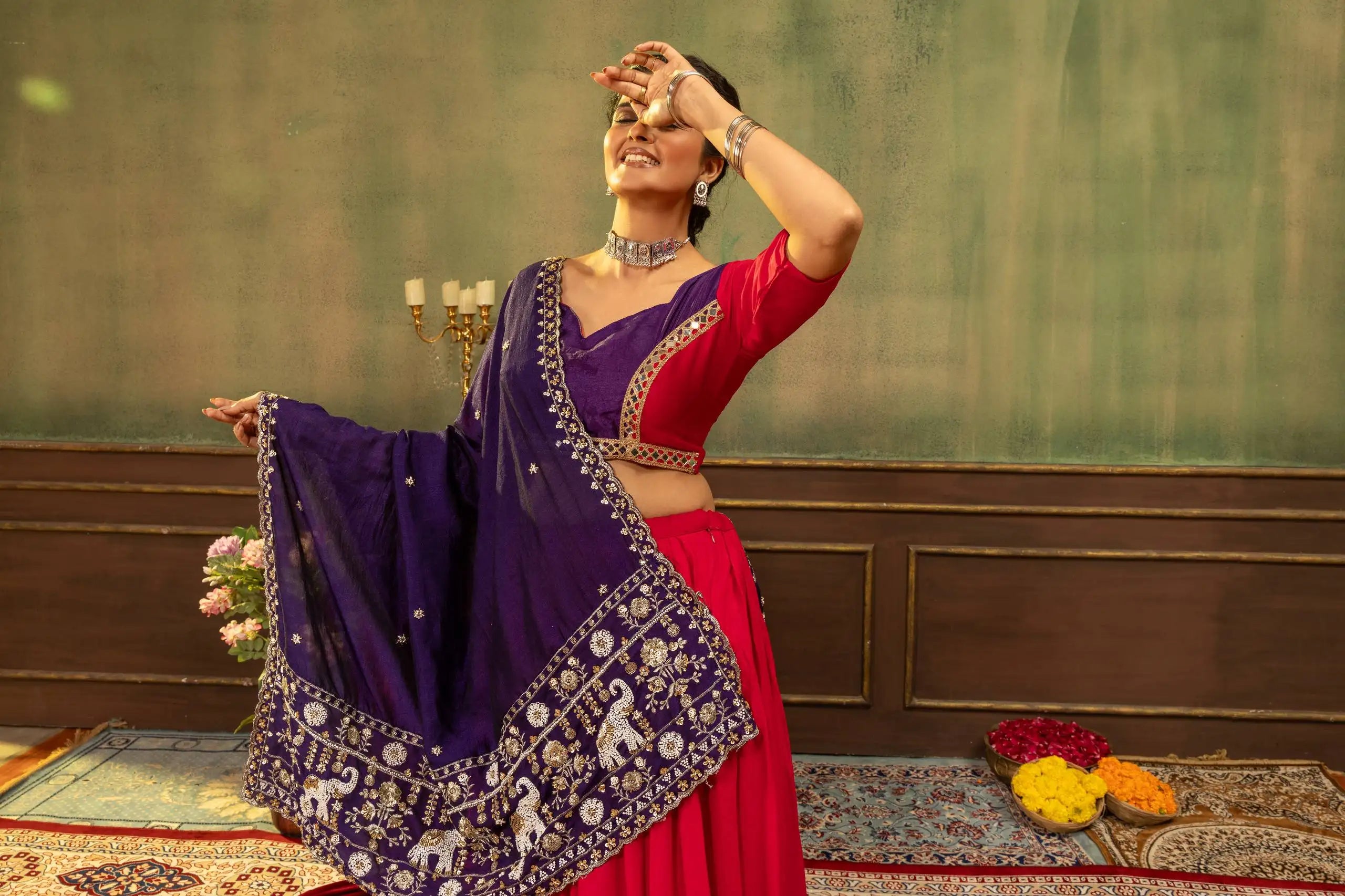 Red Lehenga dance pose with elephant embroidered dupatta display – Kalyanja KL170
