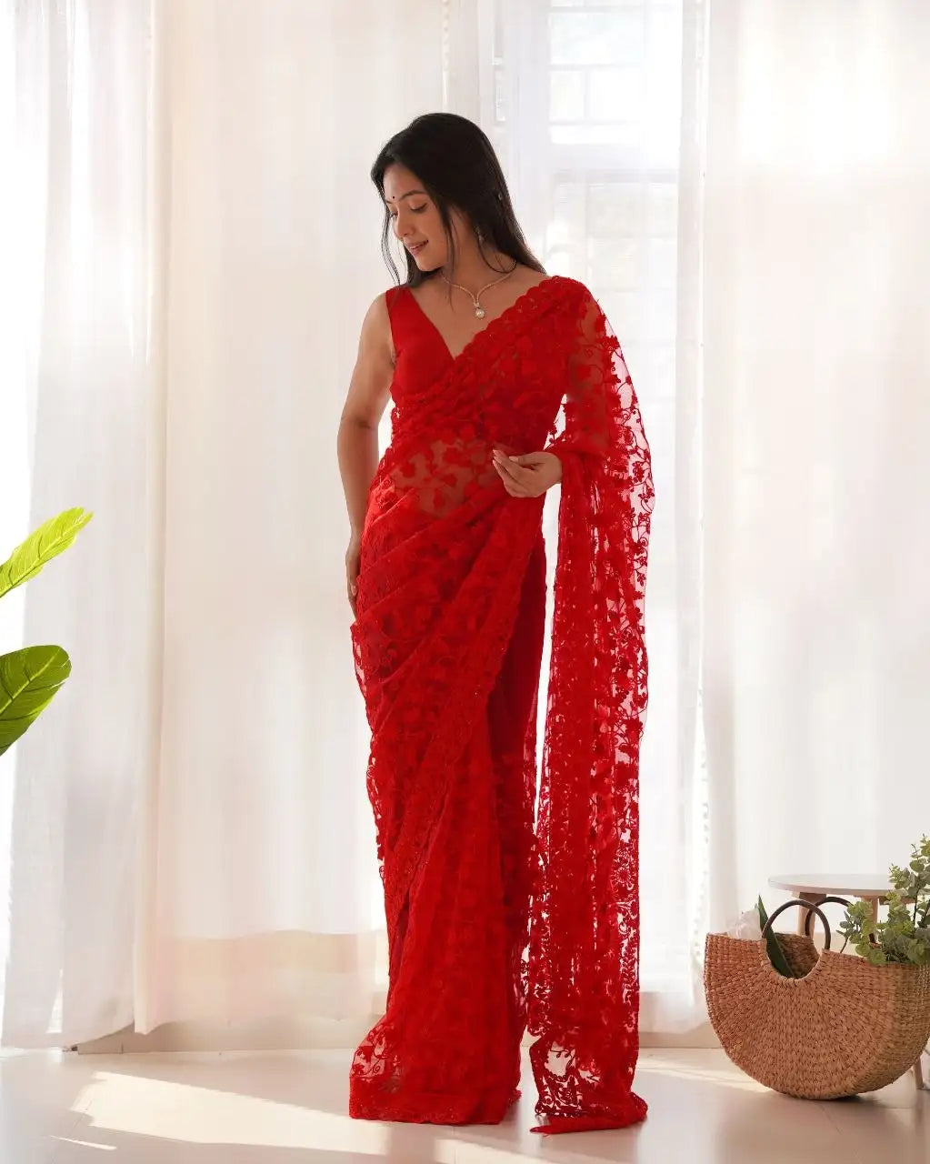 Red Embroidered Saree full front – KS379