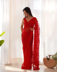 Red Embroidered Saree full front – KS379