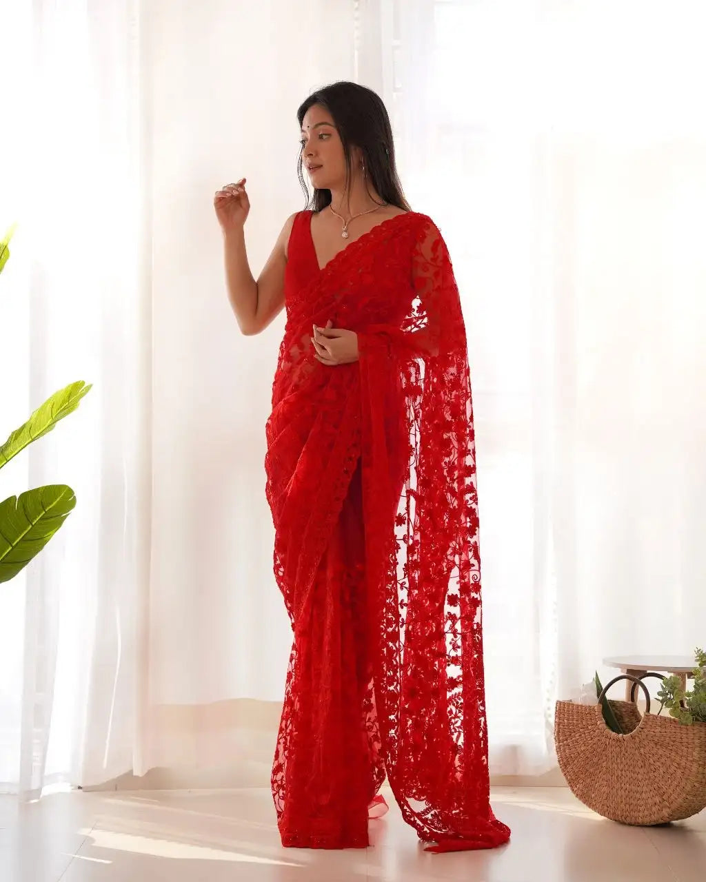 Red Butterfly Net Saree close-up embroidery – KS379