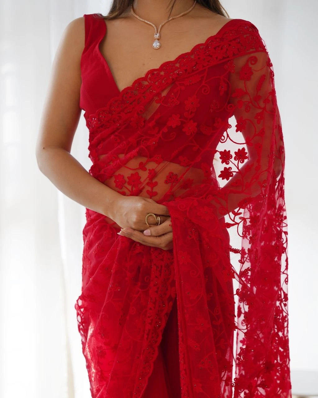 Red Embroidered Saree portrait detail – KS379
