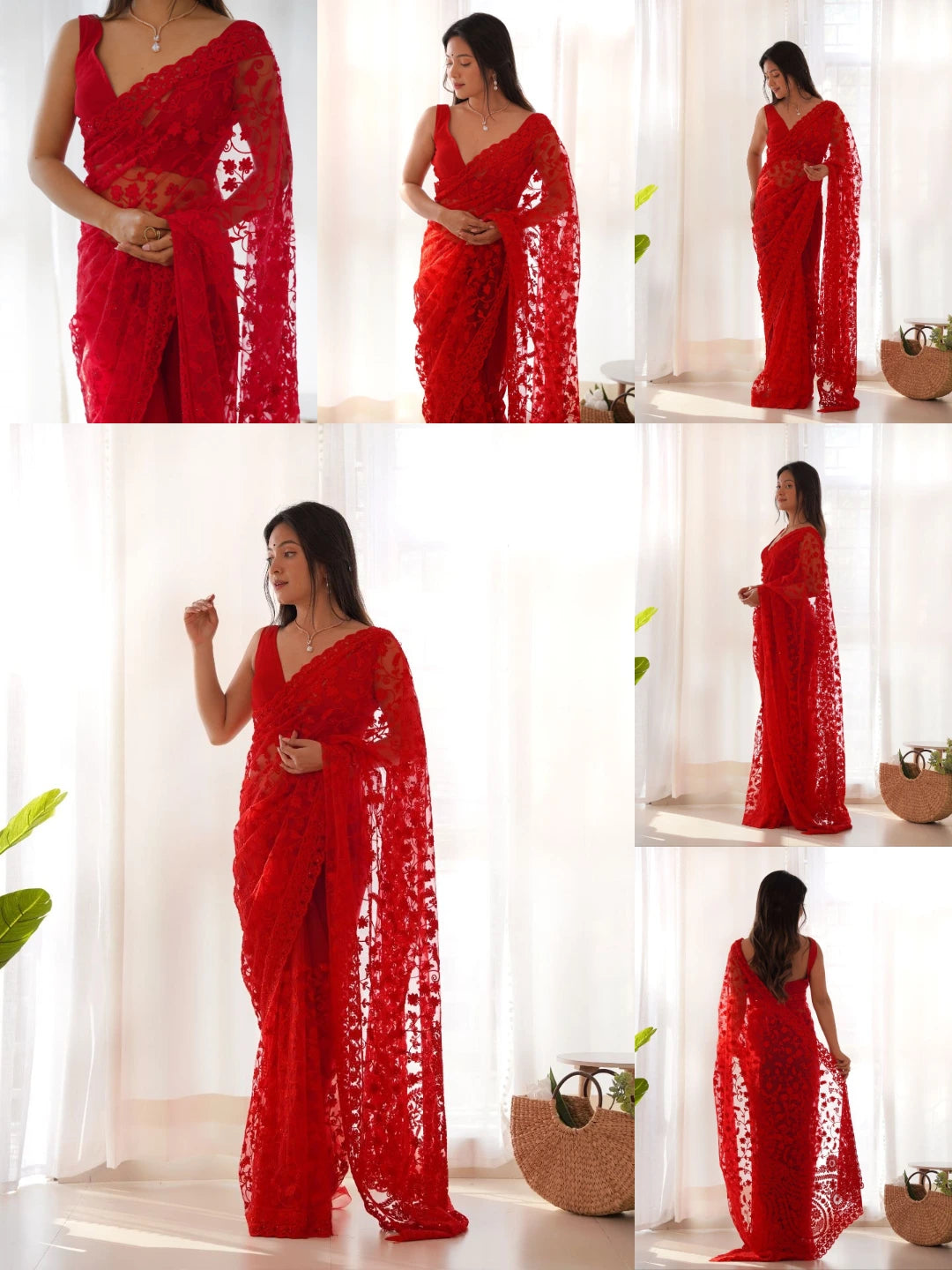 Red Embroidered Saree collage – KS379 Kalyanja