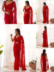 Red Embroidered Saree collage – KS379 Kalyanja