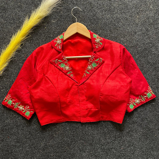 Red Embroidery Work Banglori Silk Blouse