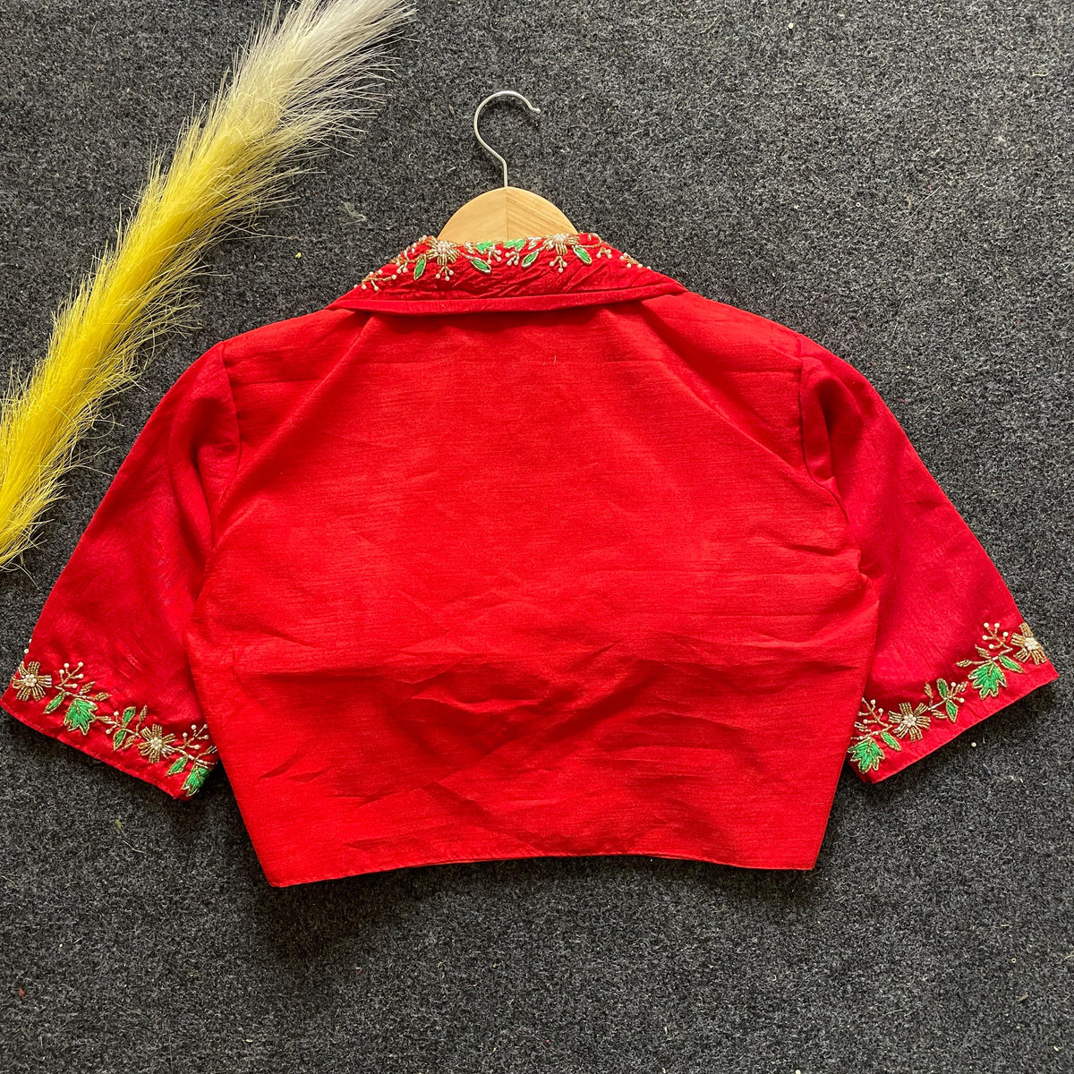 Red embroidery work Banglori silk blouse with intricate detailing, perfect for reception, sangeet, and festive occasions.