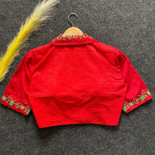 Red embroidery work Banglori silk blouse with intricate detailing, perfect for reception, sangeet, and festive occasions.