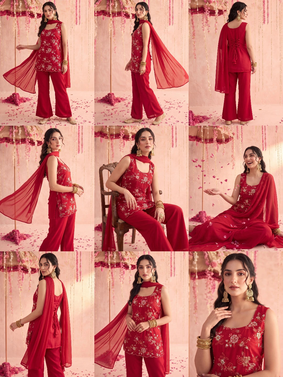 Red Palazzo Suit KU318 all angles