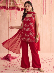 Red Floral Embroidered Palazzo Suit KU318 front view
