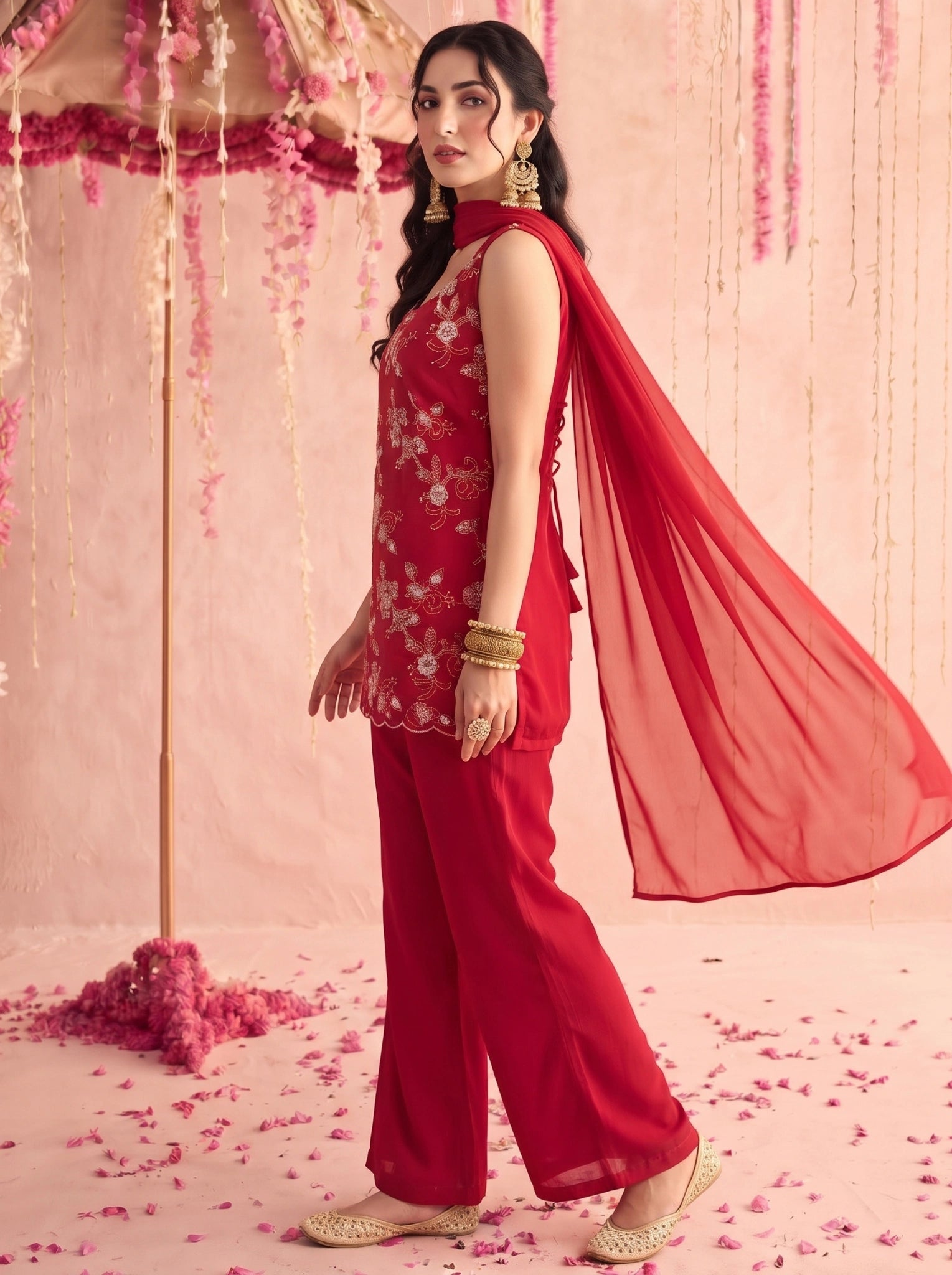 Red Floral Embroidered Palazzo Suit KU318 side view