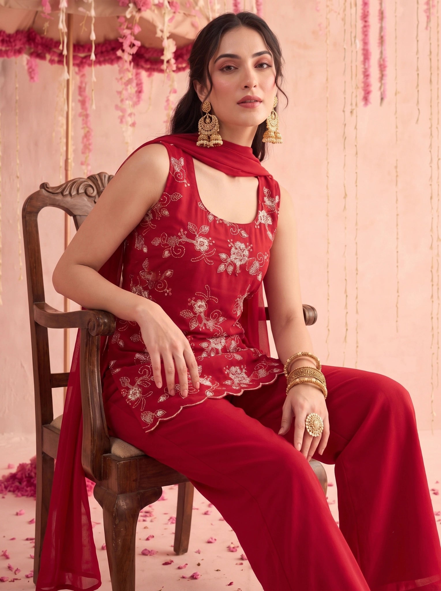 Red Palazzo Suit KU318 seated