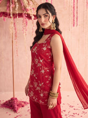 Red Floral Thread Work Suit KU318 close-up