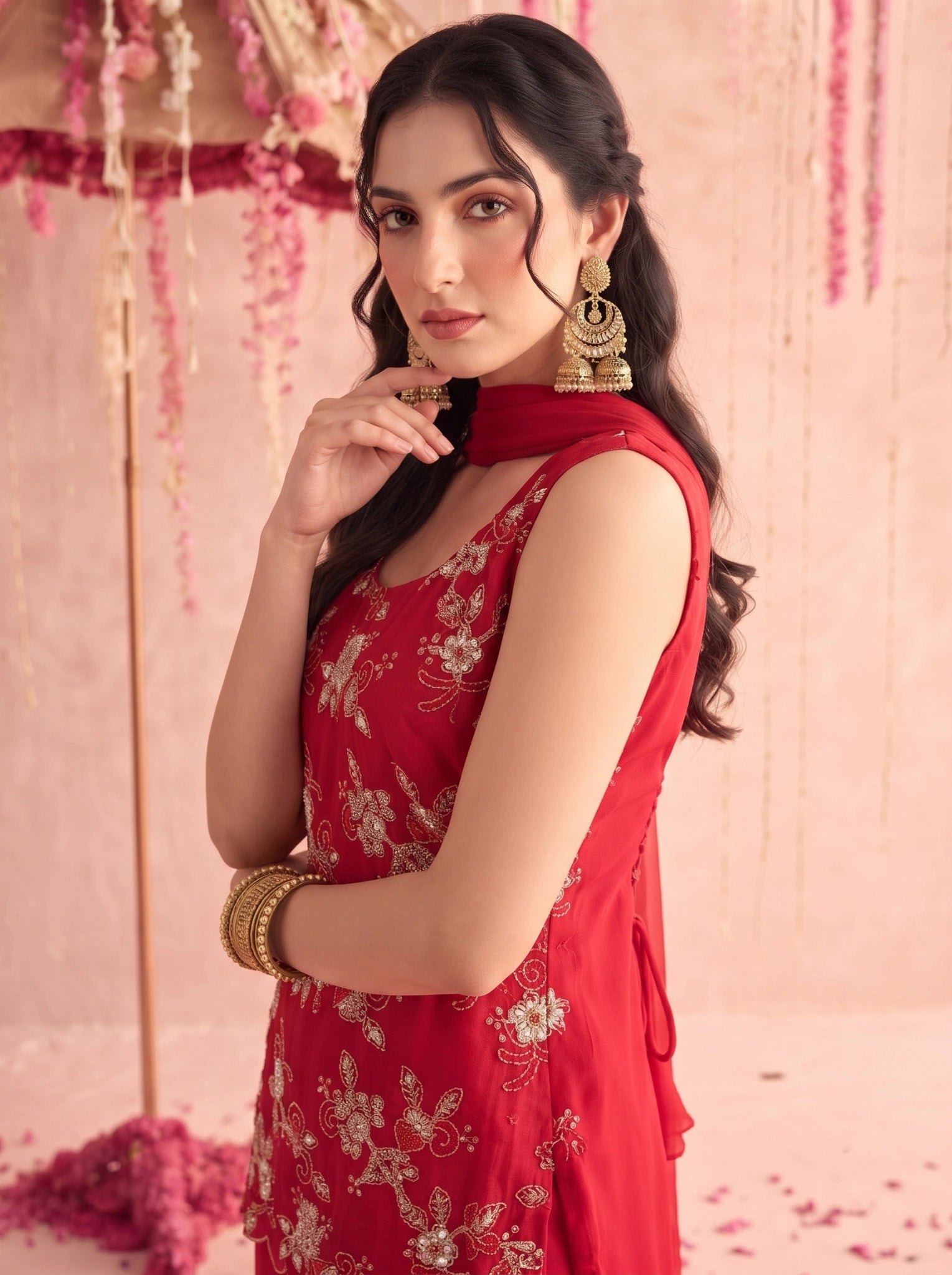 Red Floral Embroidered Suit KU318 embroidery detail