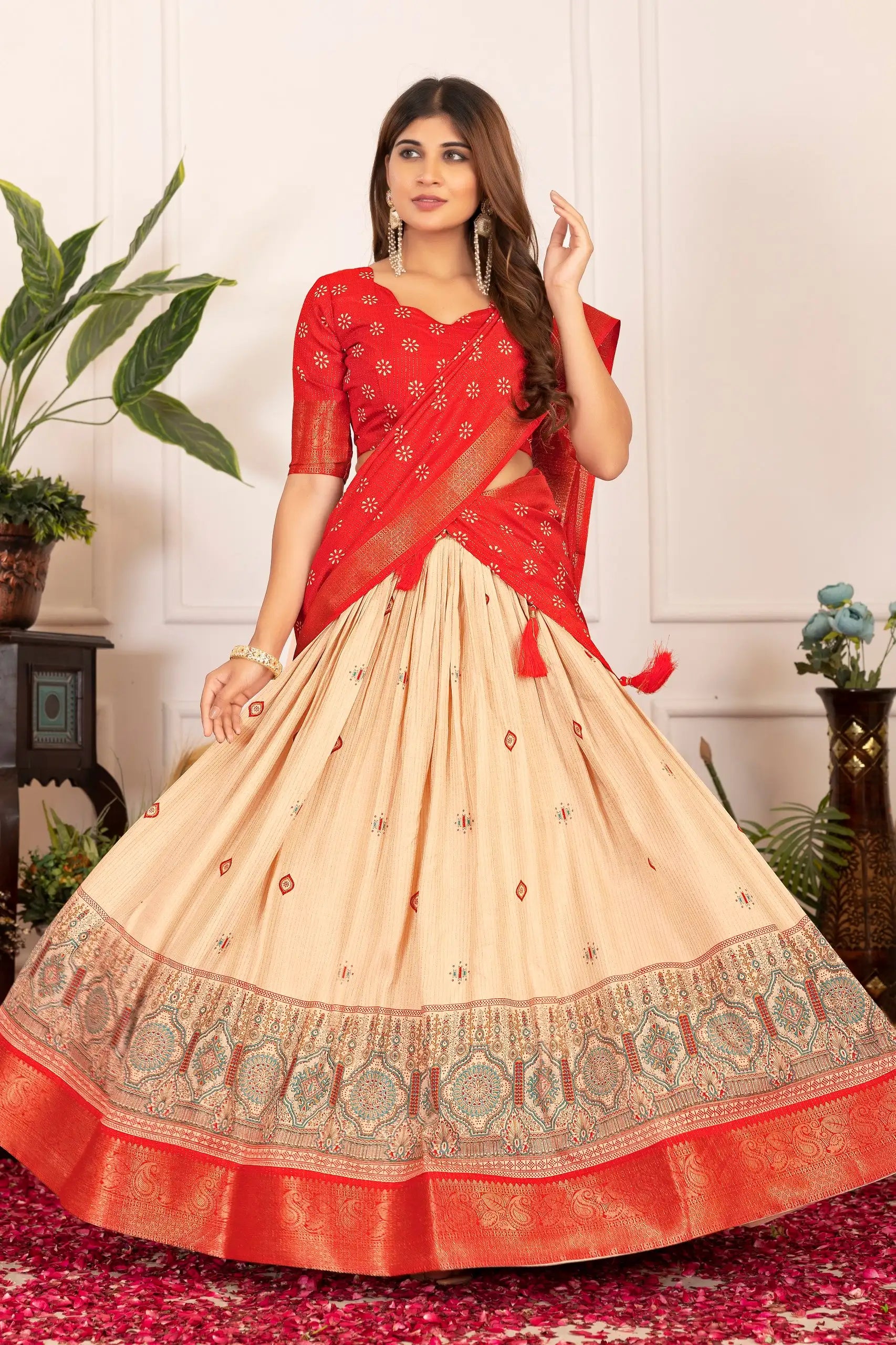 Red Floral Print with Foil Work Lehenga front view – Kalyanja KL162