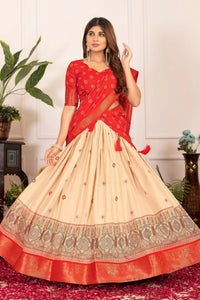 Red Floral Print with Foil Work Lehenga – Tussar Silk Blend, Festive Party
