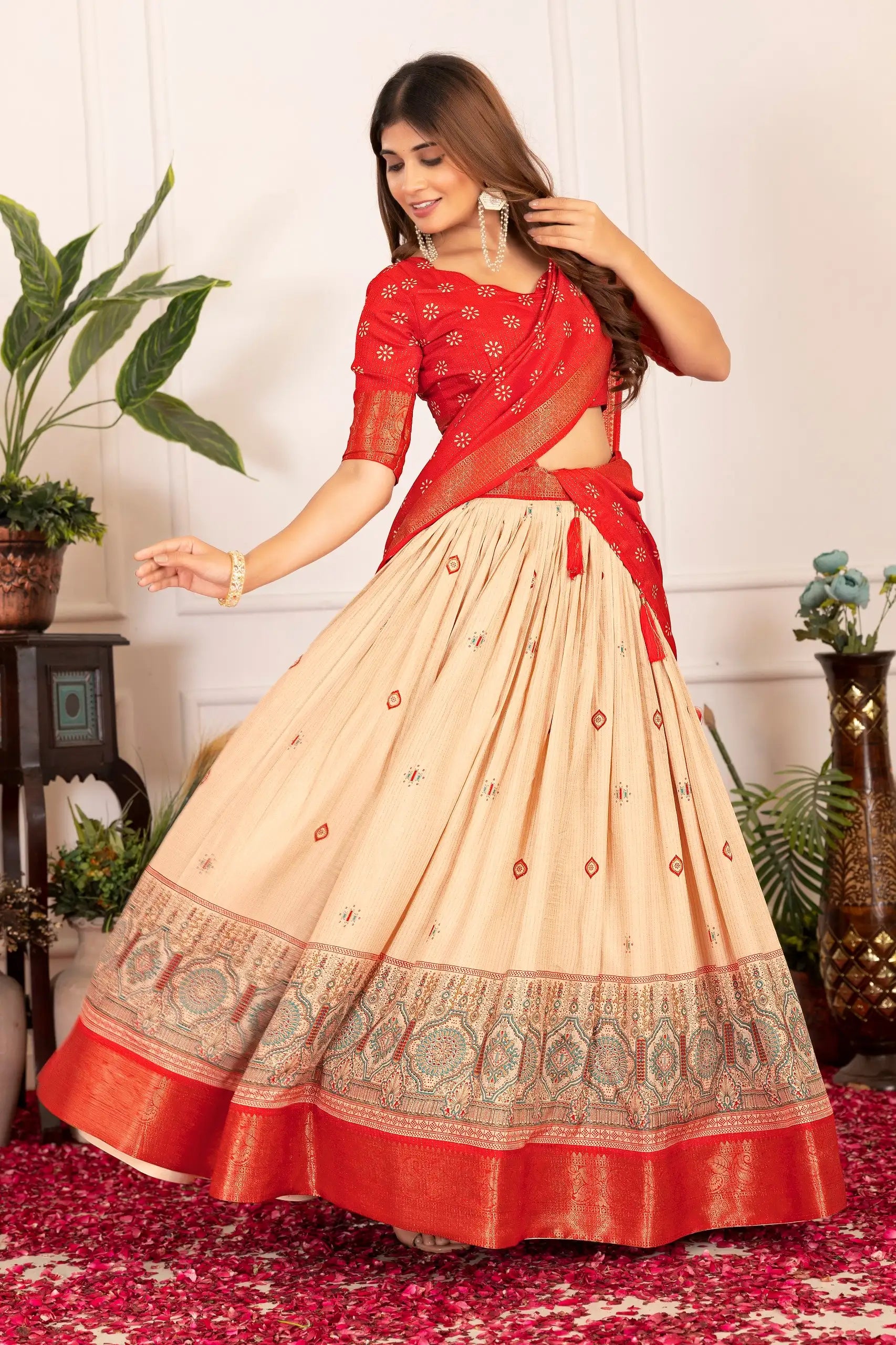 Red Tussar Silk Blend Lehenga angled pose with dupatta – Kalyanja KL162