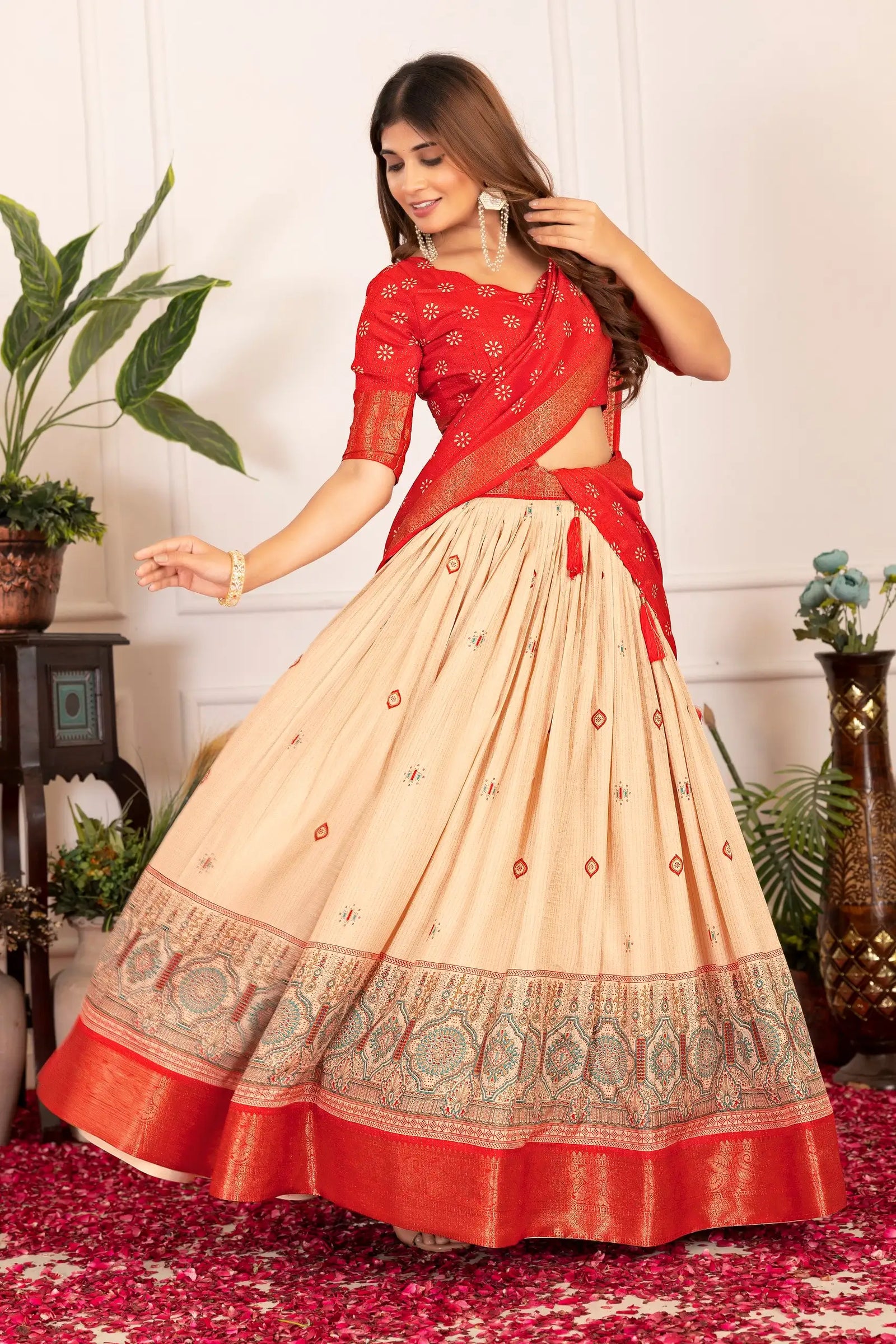 Red Tussar Silk Blend Lehenga angled pose with dupatta – Kalyanja KL162