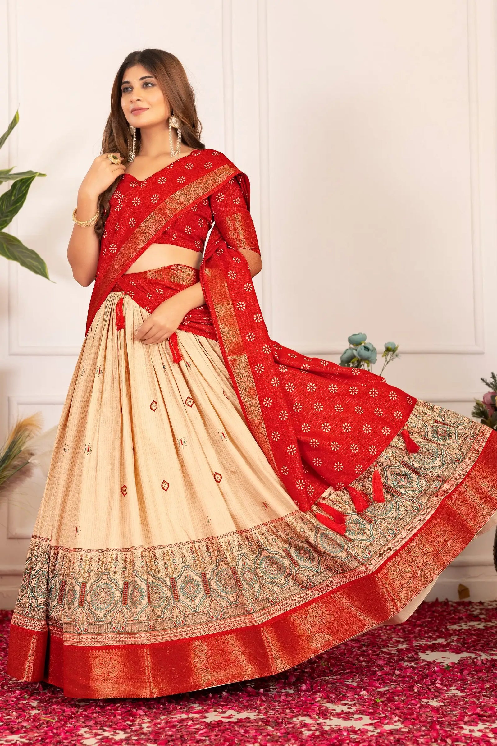 Red Floral Foil Work Lehenga flared skirt view – Kalyanja KL162
