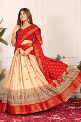 Red Floral Foil Work Lehenga flared skirt view – Kalyanja KL162