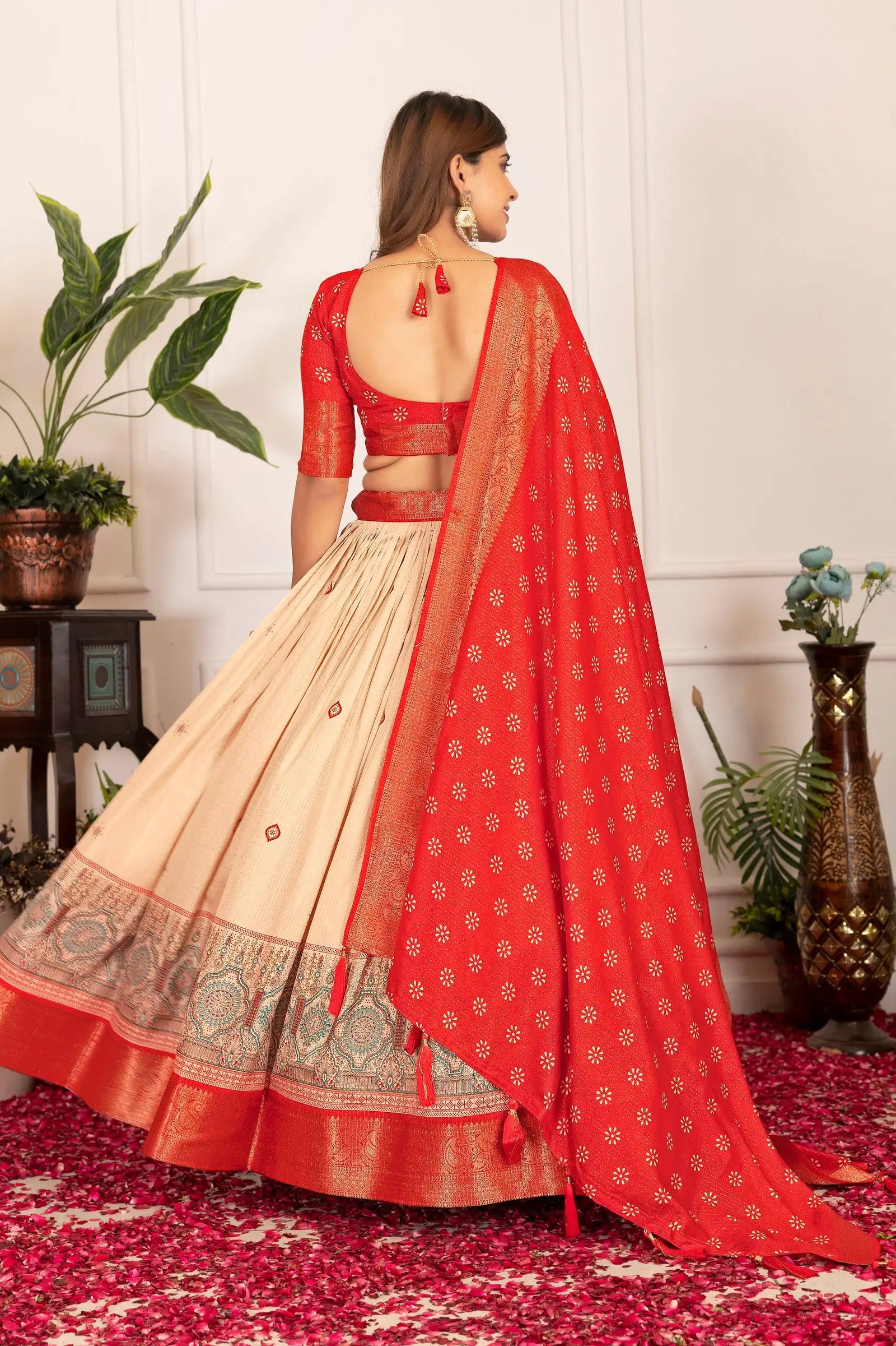 Red Lehenga open dori back choli detail – Kalyanja KL162
