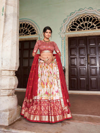 Red Floral Print Lehenga – Digital Print, Foil Work, Tussar Silk Blend